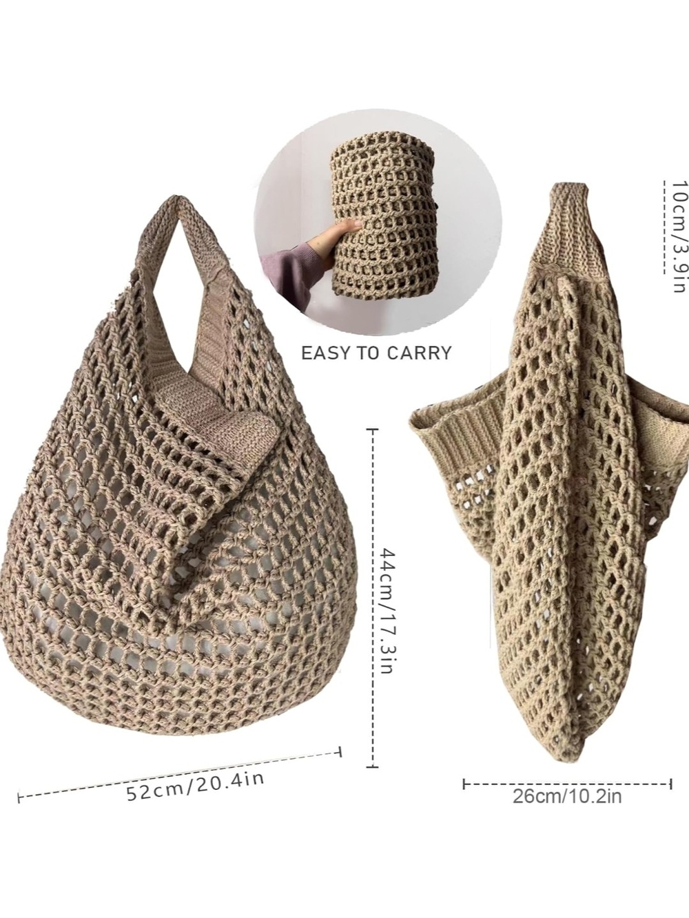Neutral Crochet Beach Tote Bag - Stylish Summer Carryall - Picture 3 of 6
